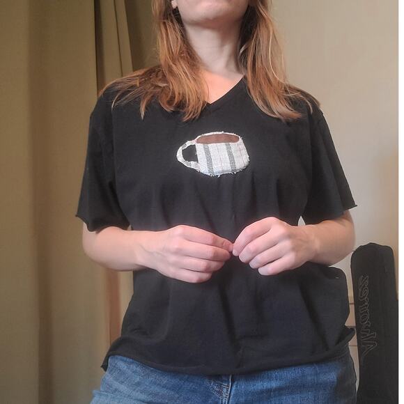 Reworked Upcycle Black Coffee Crop Vneck Tee - Picture 1 of 4